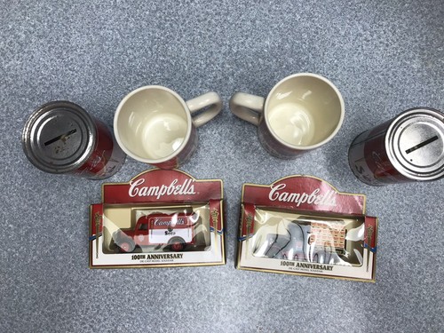 Set Of 6 Campbell Soup Collection-mugs, Banks, Diecast Trucks
