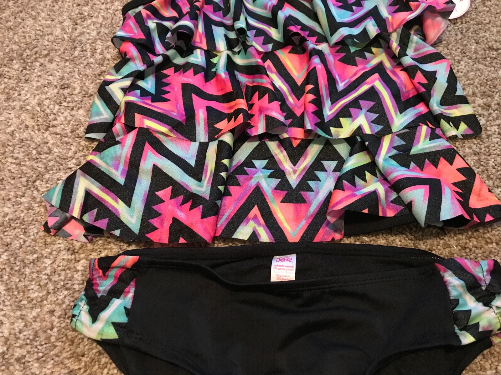 New Justice girl's 2 piece tankini, zigzag, black, size 14