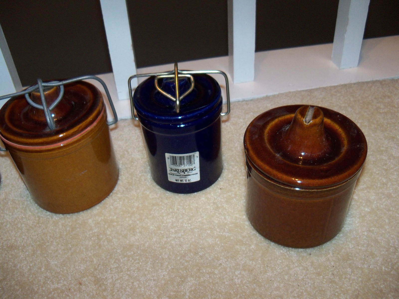 Lot of 7 Vintage Cheese Crocks Wire Latching Lids Brown