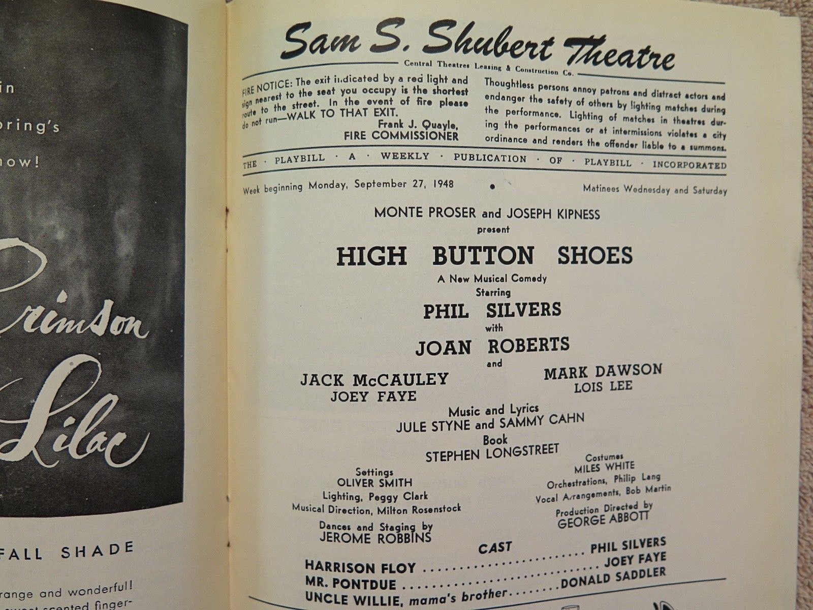 HIGH BUTTON SHOES-SAM S SHUBERT THEATRE PLAYBILL Sept 27, 1948