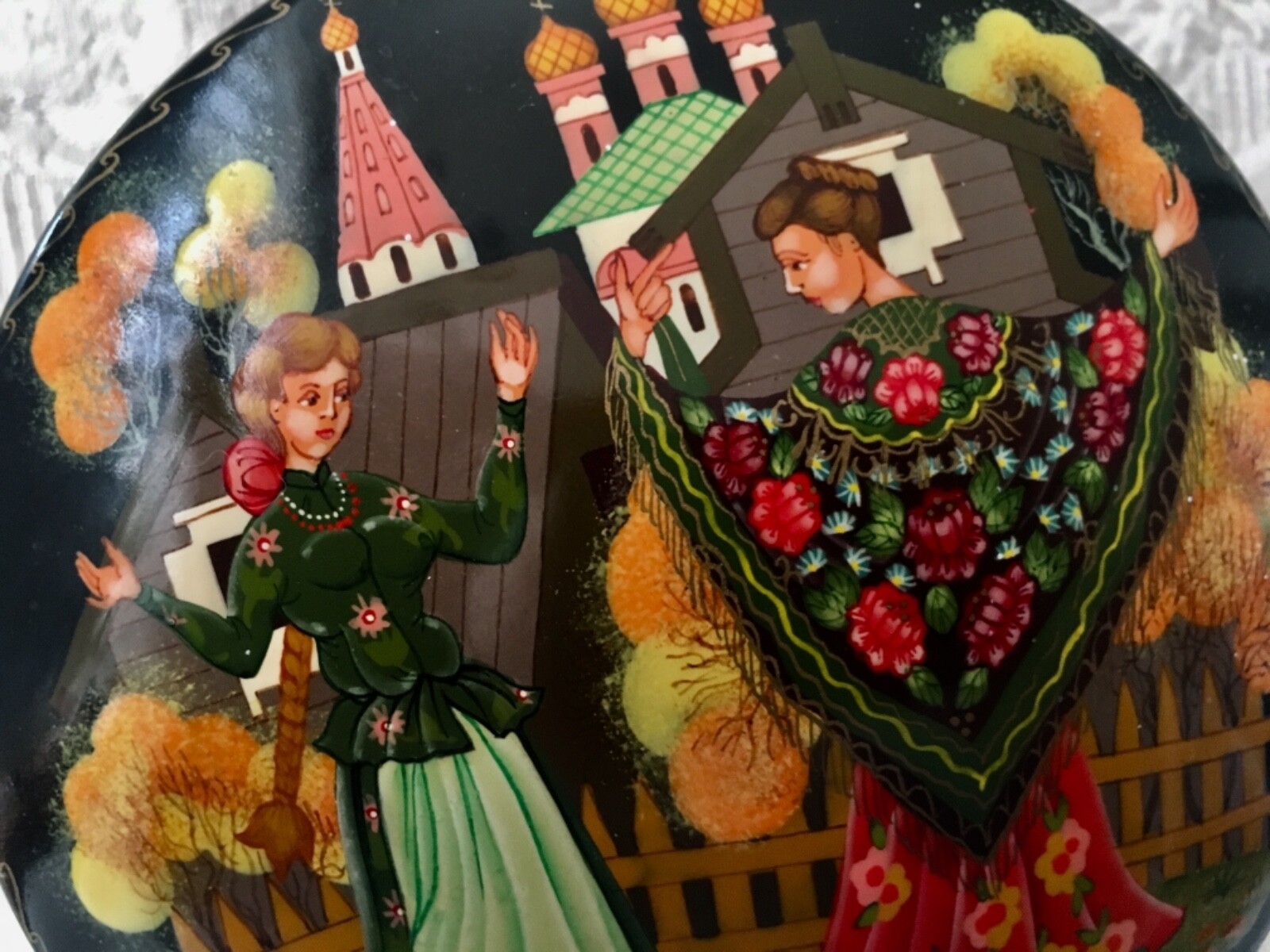 Exquisite Vintage Russian Metal Enamel Artisan Painted Round Jewelry Box Dance