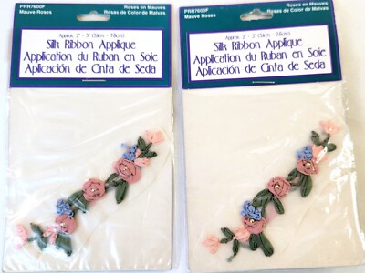 2 Silk Ribbon Applique Finishes Mauve Roses Flowers Sew On PRR7600F 2  X 3  NIP