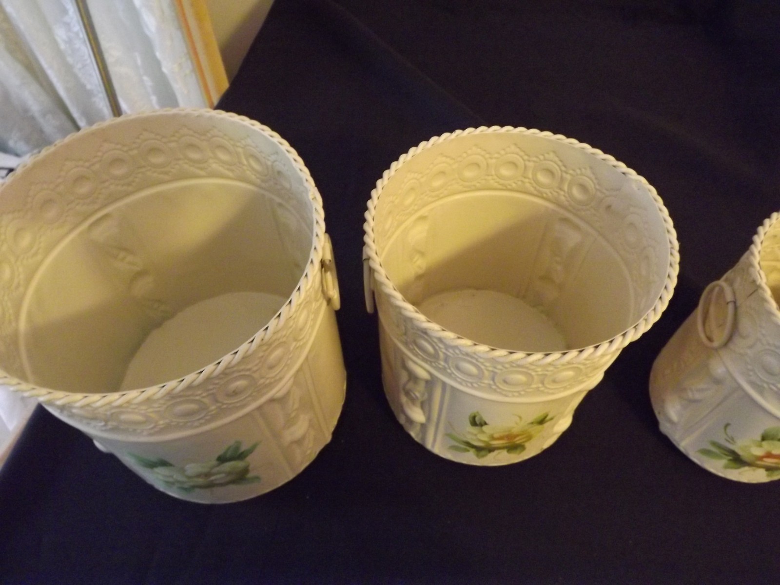 SET OF 3 METAL HANDPAINTED CONTAINERS FLORAL planters STORAGE SHABBY DECOR