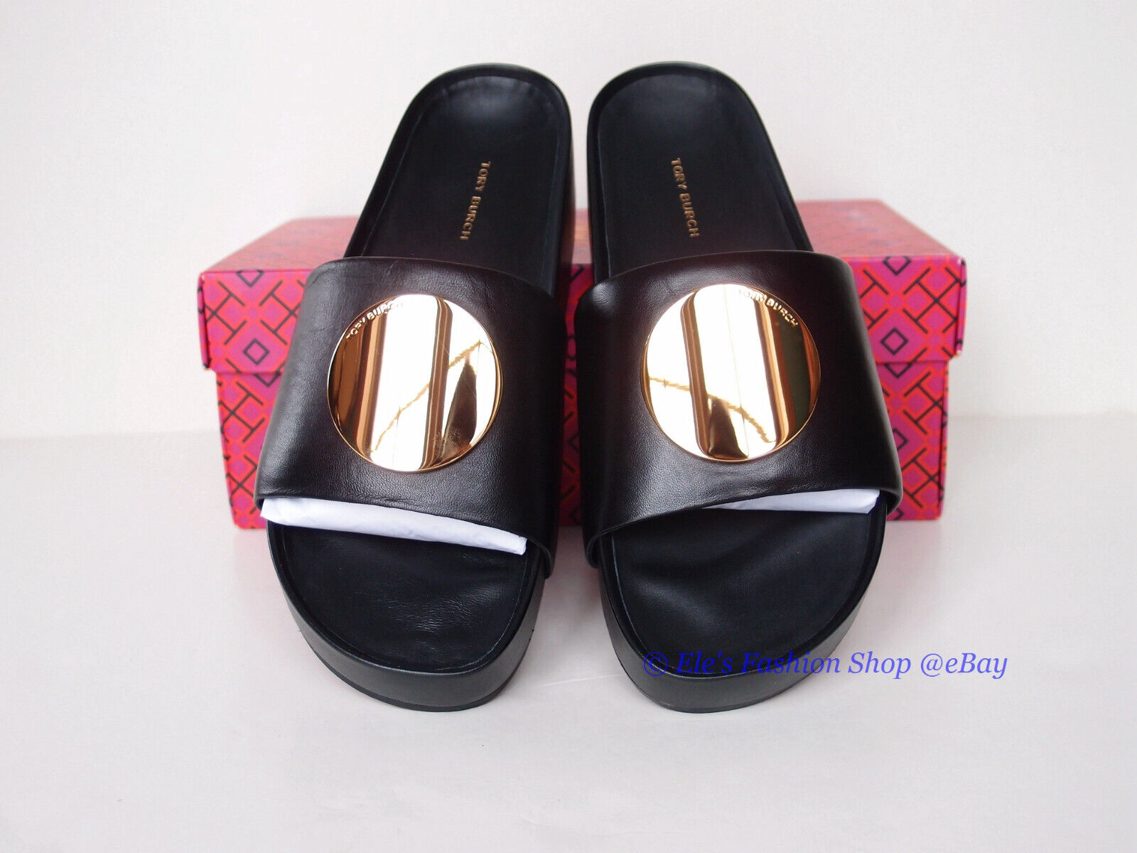 Pre-owned Tory Burch Patos Disk Leather Slides Black Us 8.5 Authentic