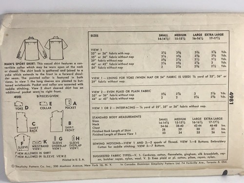 VINTAGE SIMPLICITY #4981 PATTERN FOR MAN’S MEDIUM SPORT SHIRT