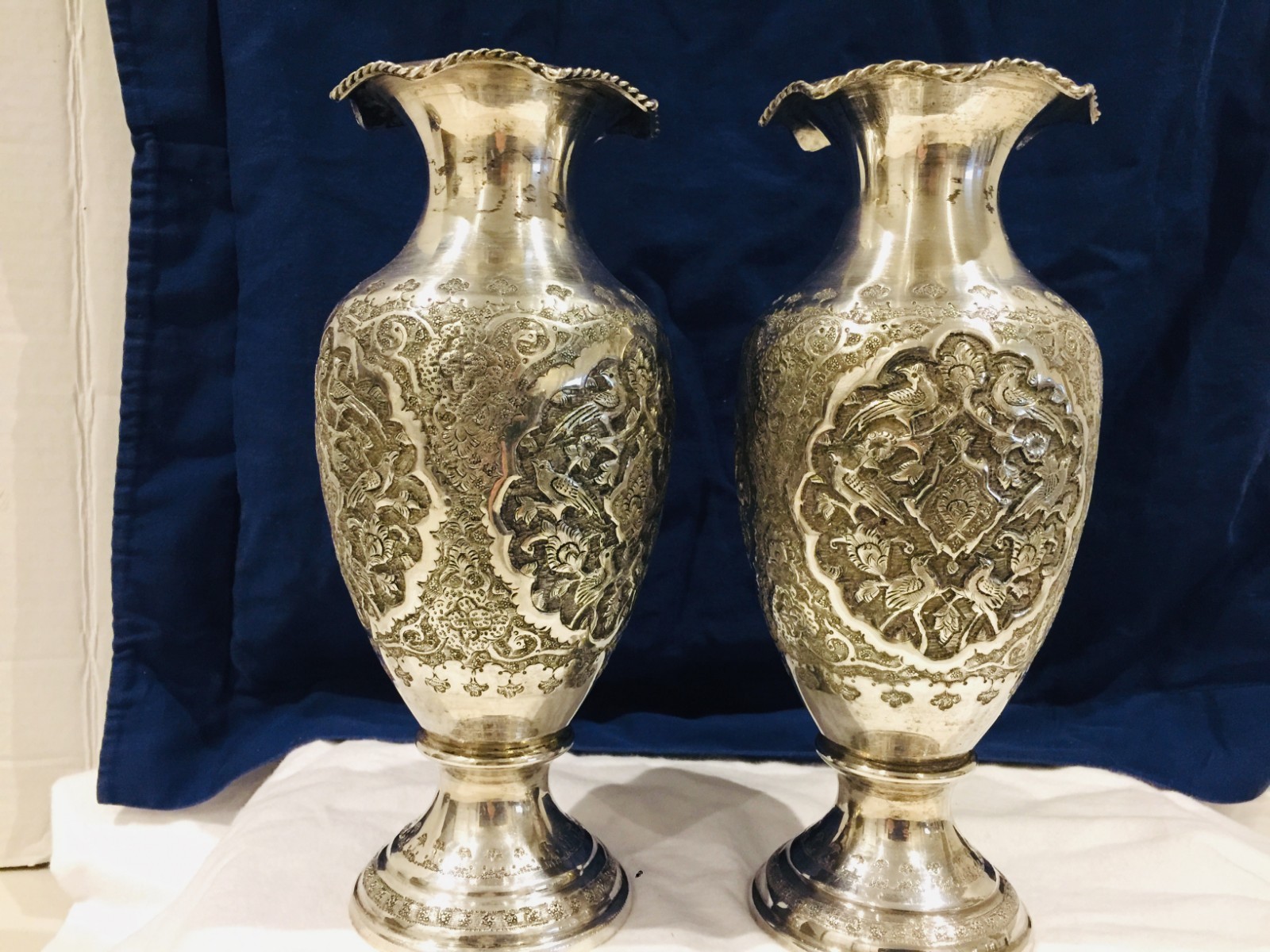 Magnificent Pair of  Solid Silver Islamic Qagar Middle Eastern  Persian vases