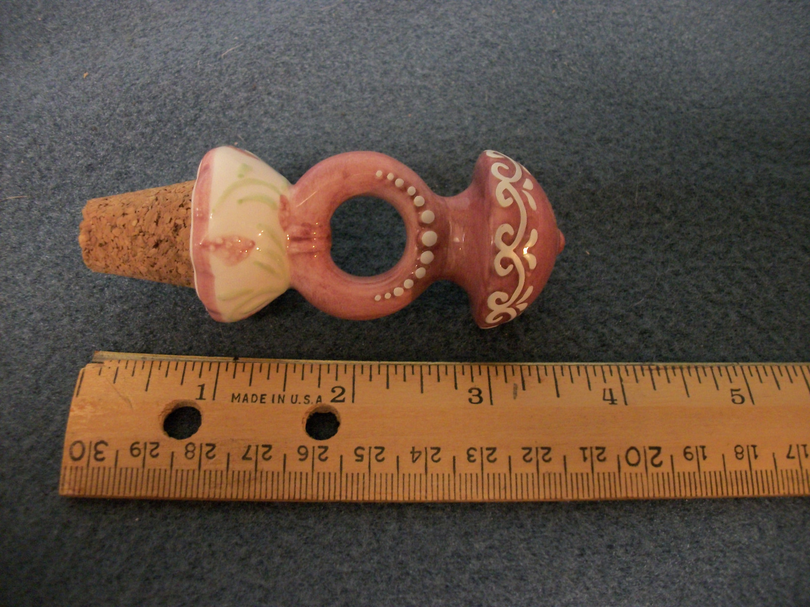 VINTAGE PORCELAIN CERAMIC BOTTLE STOPPER w/cork DUSTY ROSE FLORAL MOTIF  MINT!!