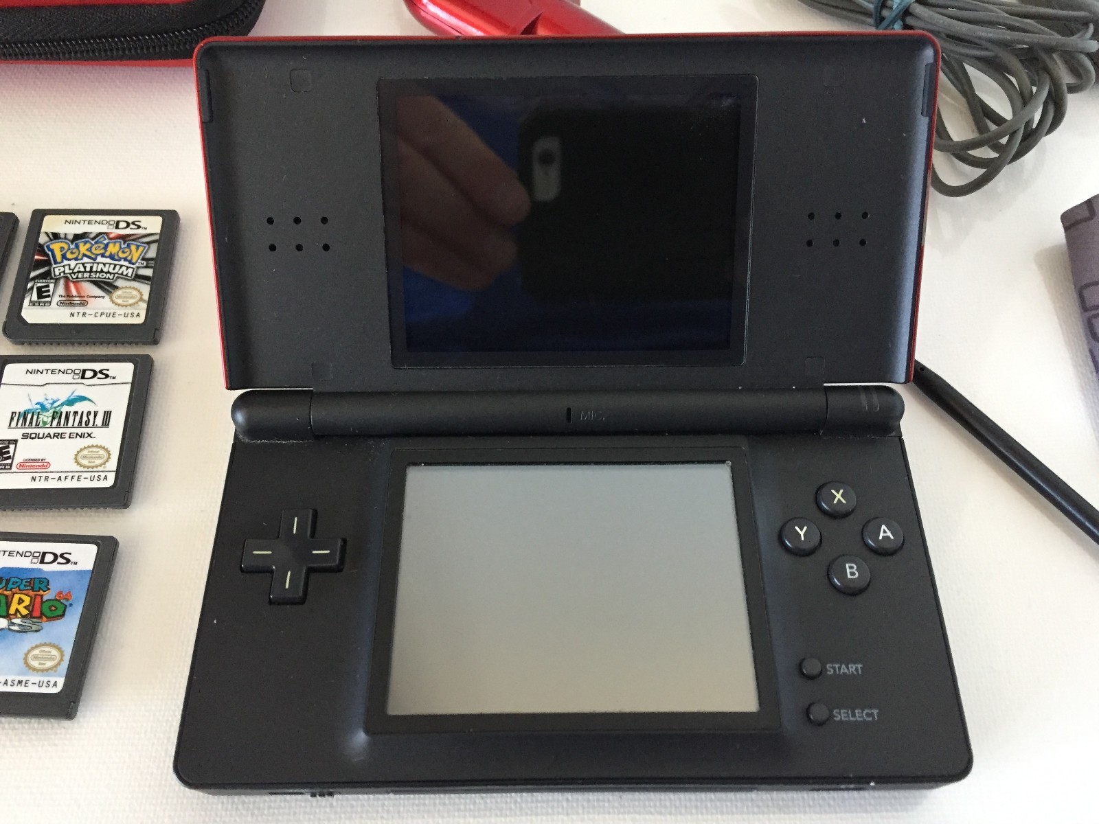 Nintendo DS Lite Metallic Crimson Red w Games Original Charger Case Car Charger