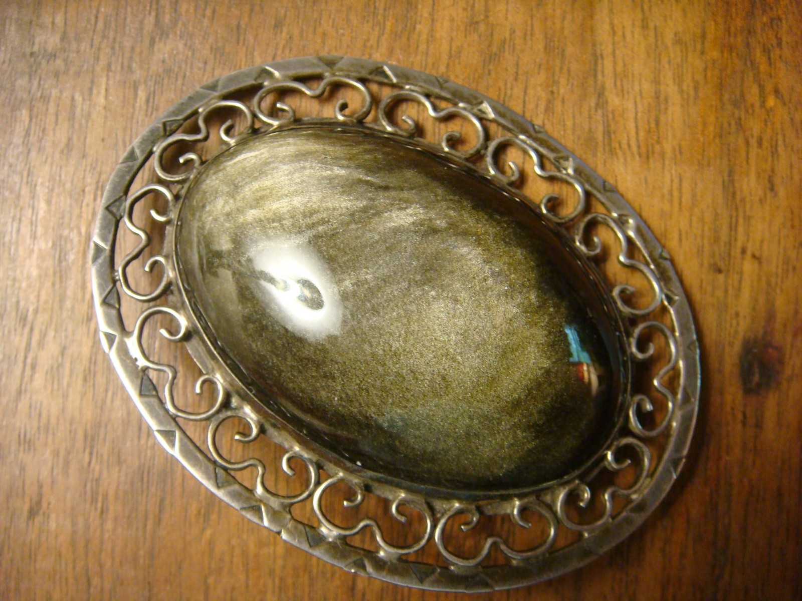 Vtg Mrkd Brooch/Pendant~40x60mm Silver Sheen Obsidian in Sterling Silver Setting