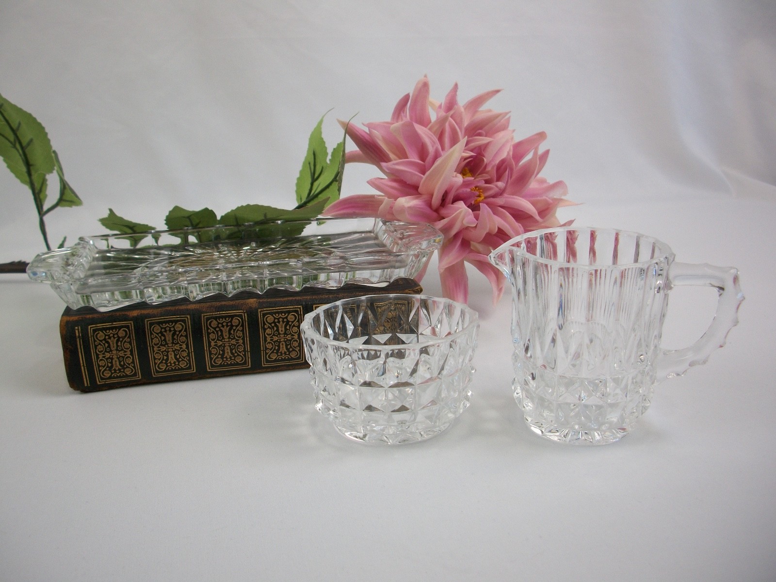 Vintage Crystal Cream and Sugar Service Set with Tray