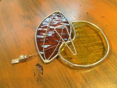 VINTAGE COACH ART STAINED GLASS FOOTBALL HELMET WHISTLE PLAYER SUNCATCHER WINDOW