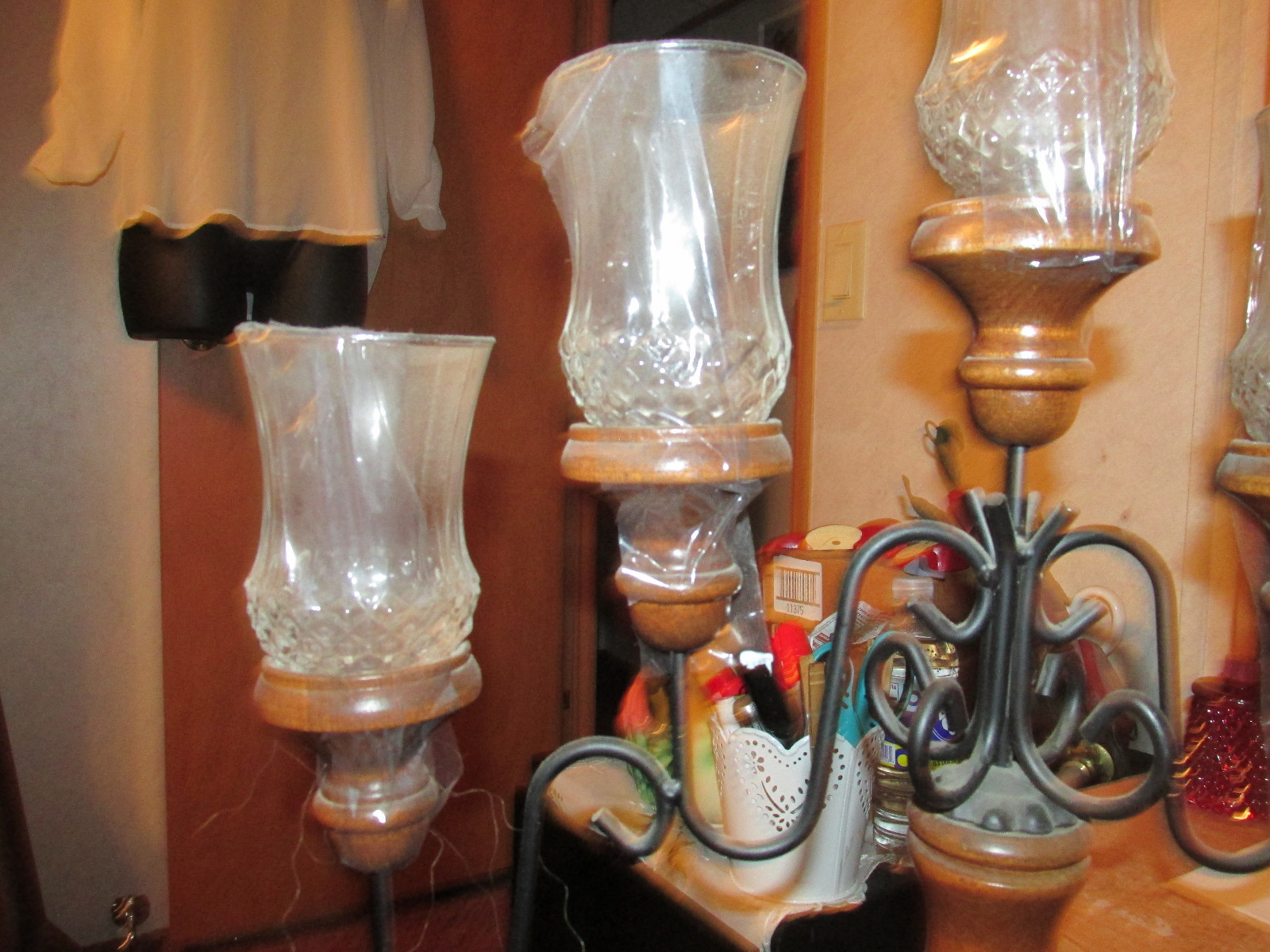 Vintage Home Interiors HOMCO 5 Arm Wood Metal Candelabra Glass Candle Holder