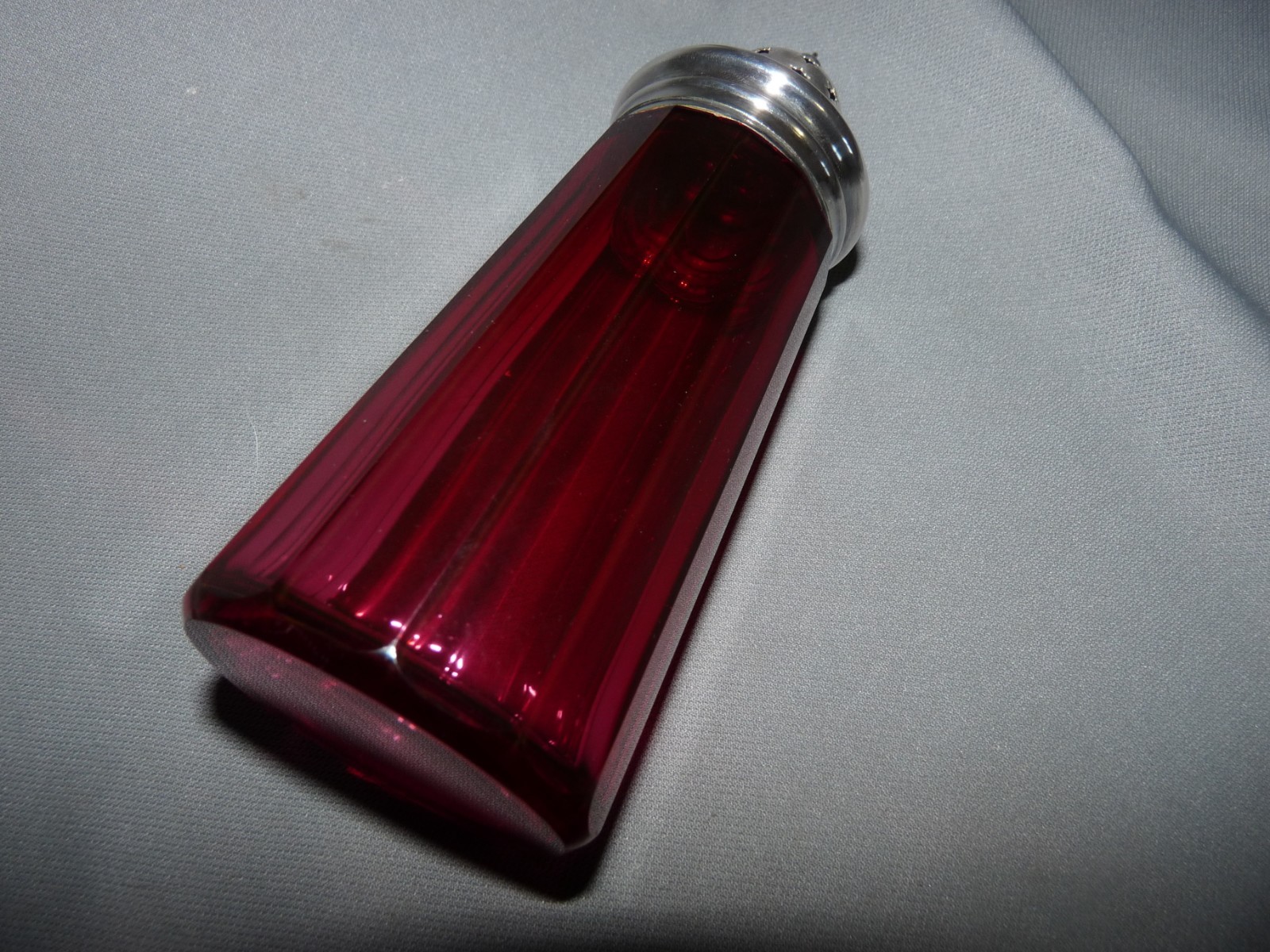 Cranberry Glass Sugar Shaker Silver Lid Panel Pattern Antique