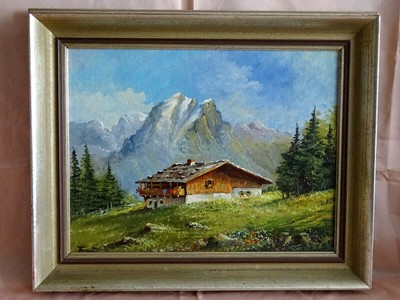 Öl Bild Gemälde Holzrahmen 42x52 cm Alpenlandschaft mit Hütte Berge Wald sig. 