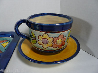 NEW Sevilla Art Pottery 4 Sectional Platter, 2 Cups & Saucers Embossed - Spain