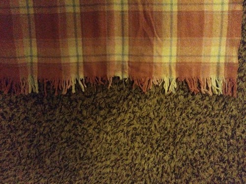 Faribo Wool Plaid pink gray White Fringe Stadium-Tartan Camp Blanket 48x46