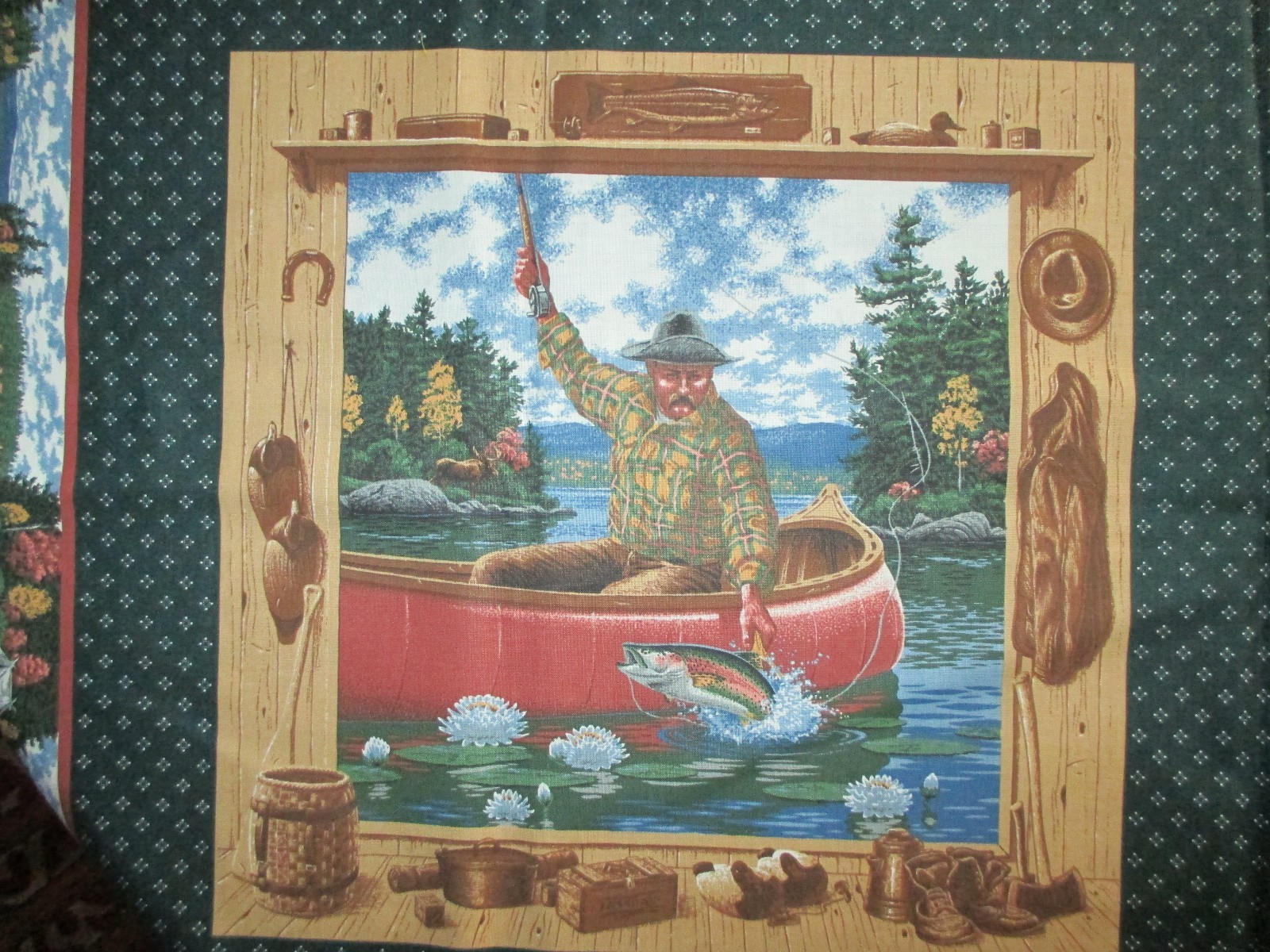 Vintage VIP By JOAN MESSMORE FISHING PRINT 4 PILLOW SEWING PANELS CRAFT