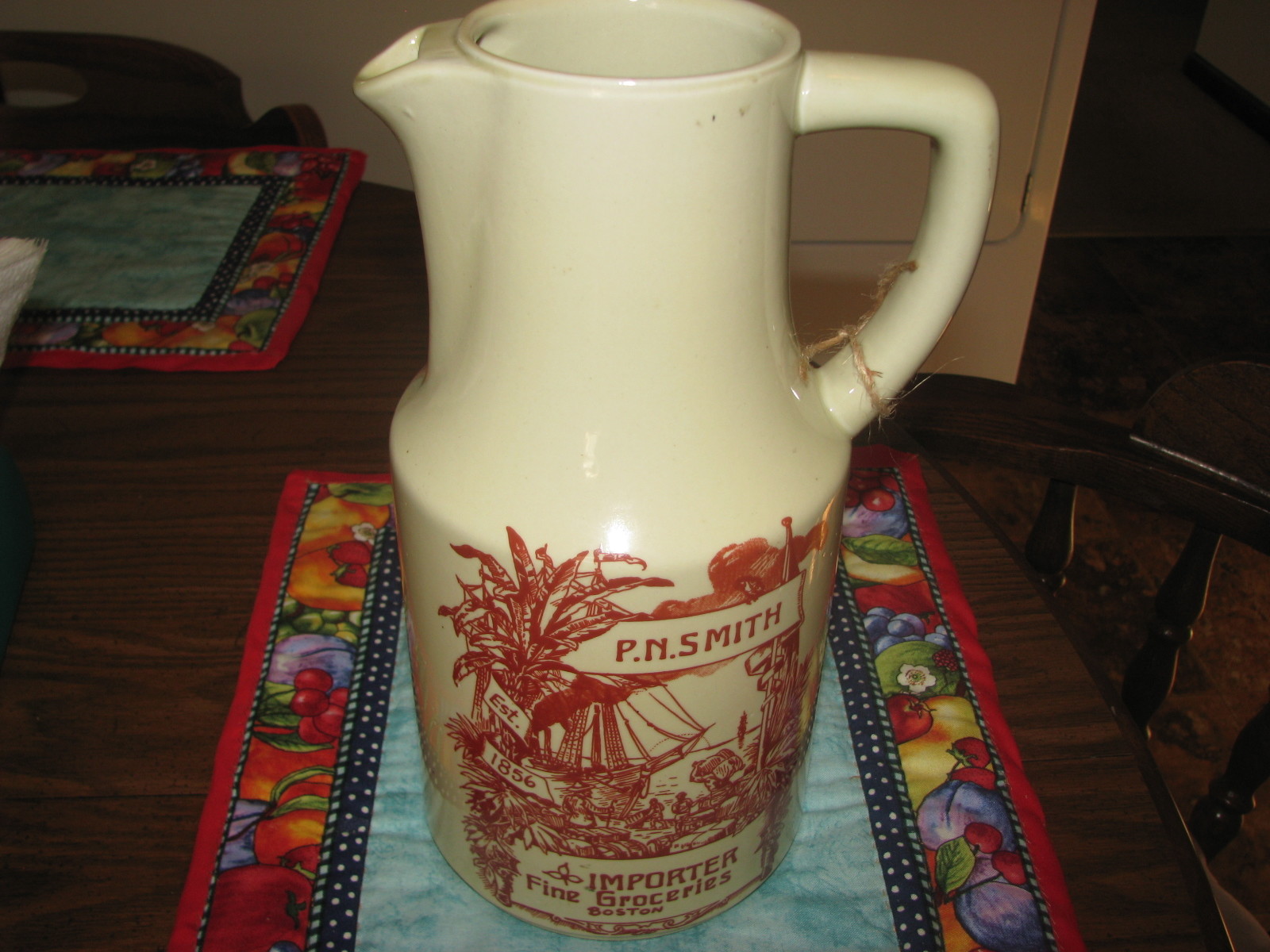 Antique vintage advertising by P.N. Smith pottery stoneware pitcher