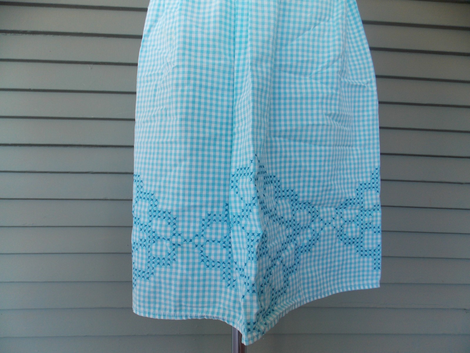 Vintage Handmade Cross Stitch Half Apron Blue Gingham