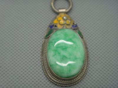 Collectibles Old Decorated Handwork tibet Silver Inlay Jade cloisonne Pendant