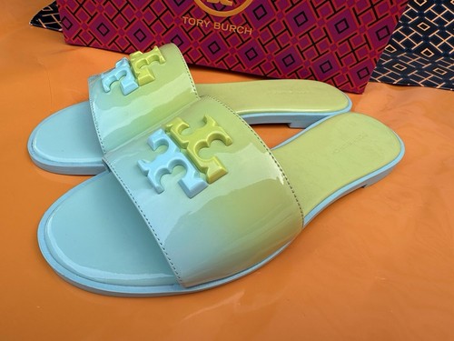 Pre-owned Tory Burch Everly Slide Flat Soft Patent Leather Celeste Ombré W Logo Sz 7 In Green/yellow
