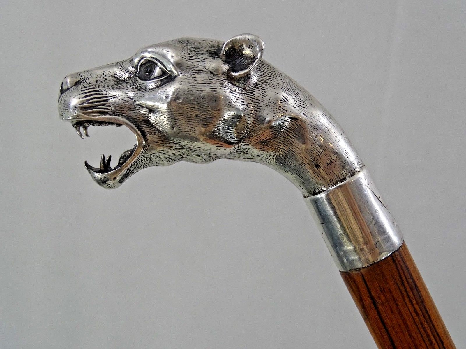 GORGEOUS ANTIQUE WALKING CANE STICK SILVER HANDLE WIDL CAT JAGUAR PUMA sterling