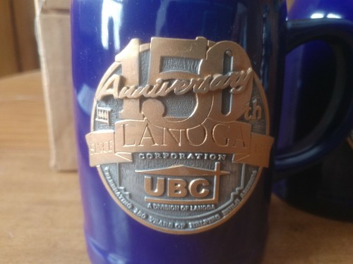 Set of 2 2005 UBC LANOGA CORP. 150TH ANNIVERSARY SINCE 1855, CERAMIC STEIN,