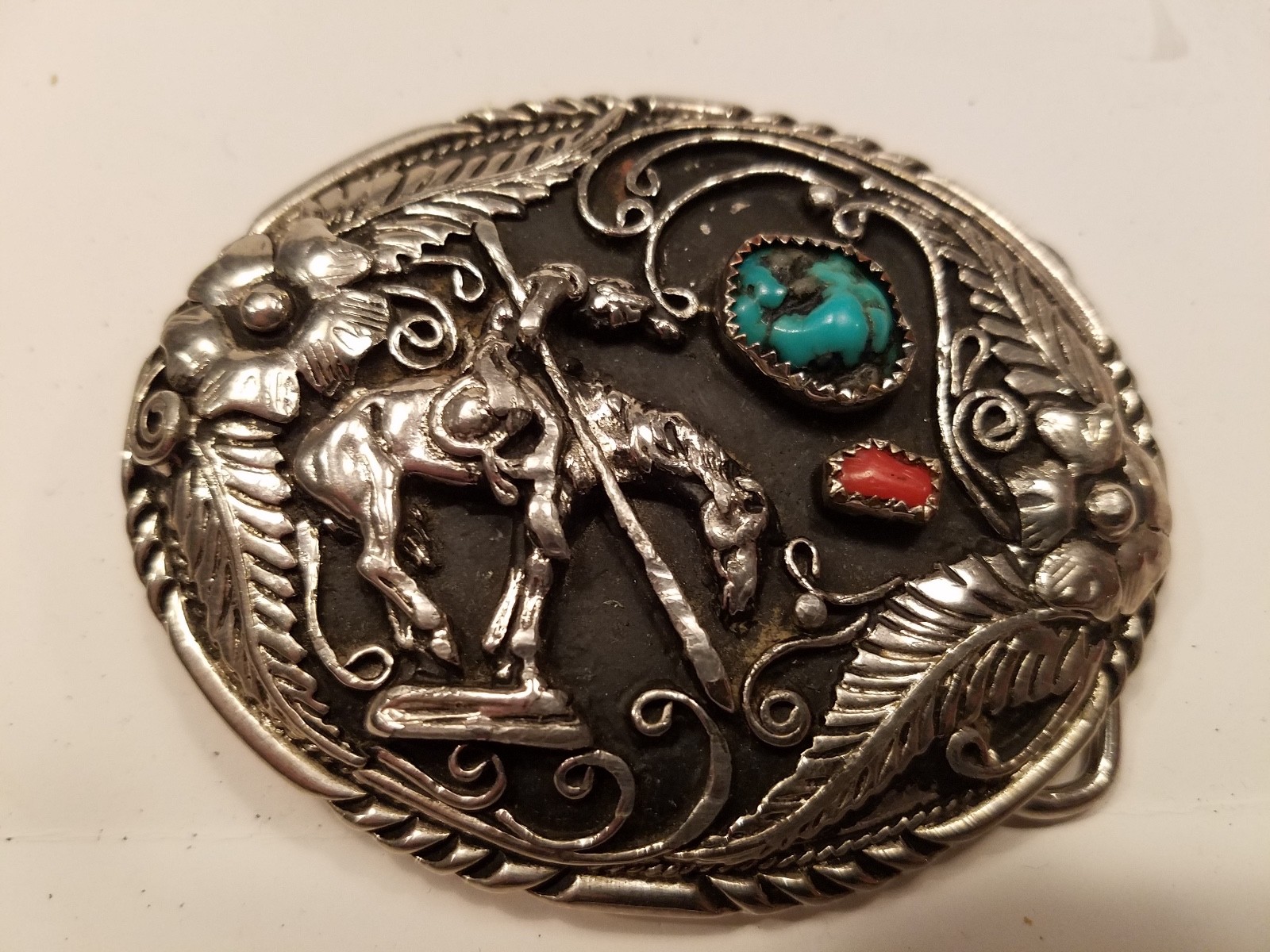 Vintage Native American Silver Bolo Tie and Belt Buckle Turquoise & Coral Stones
