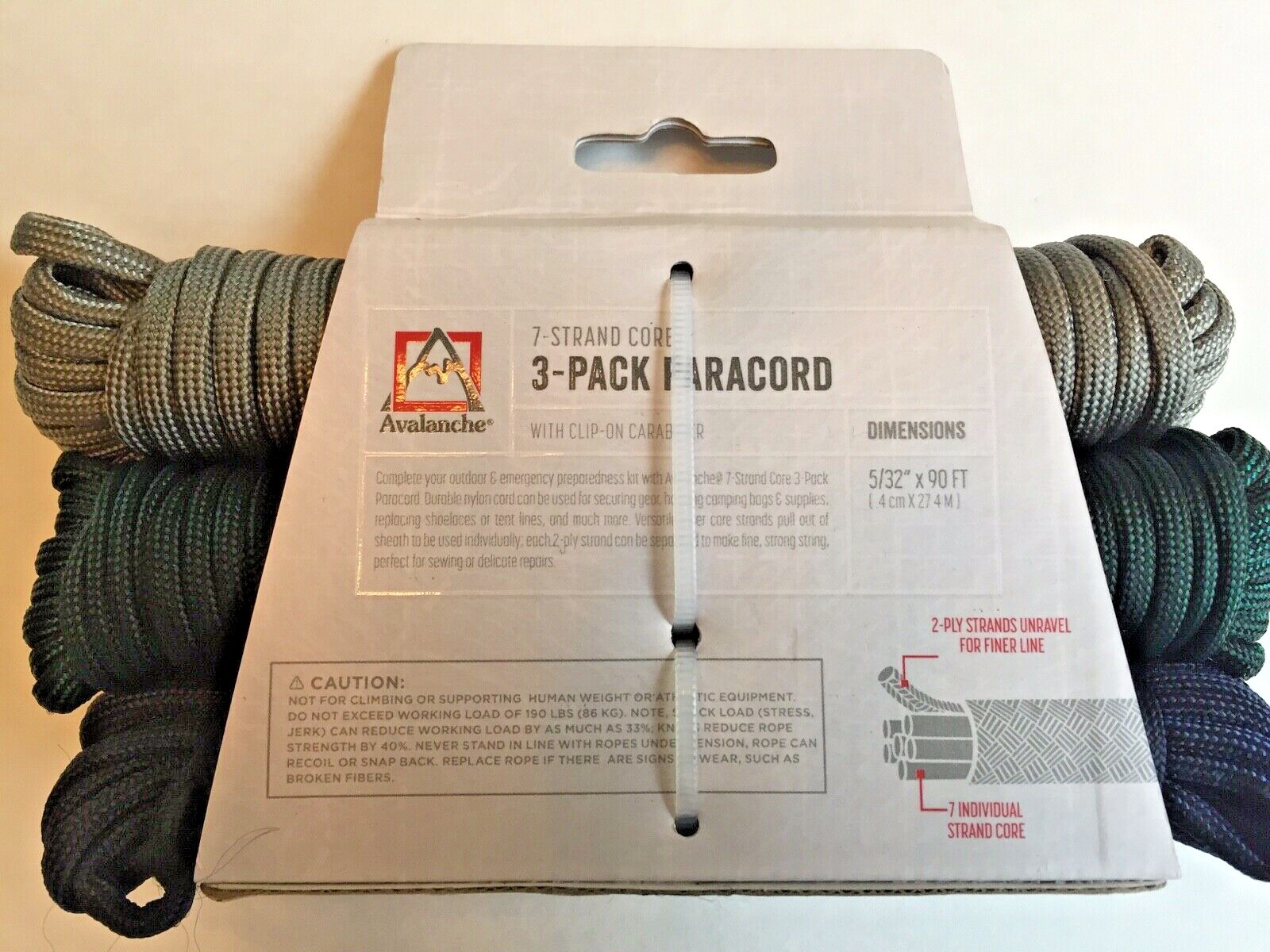 Avalanche 7-Strand 3-Pack Paracord- Gray Green Blue w/ Clip Carabiner