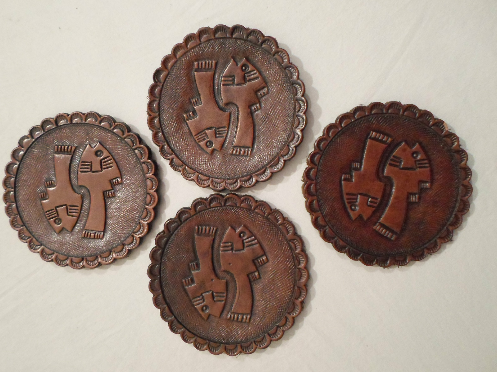 Lot of 8 Handmade Tooled **Leather Coasters** Indian/Eskimo Fish Design Beer Mat