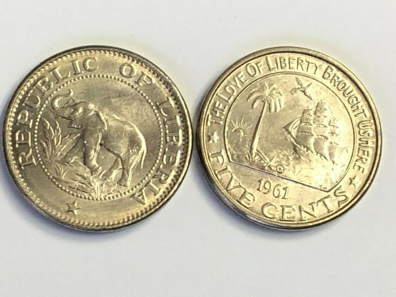 1961 LIBERIA 5 Cents African ELEPHANT & Ship coin, KM#14, UNC