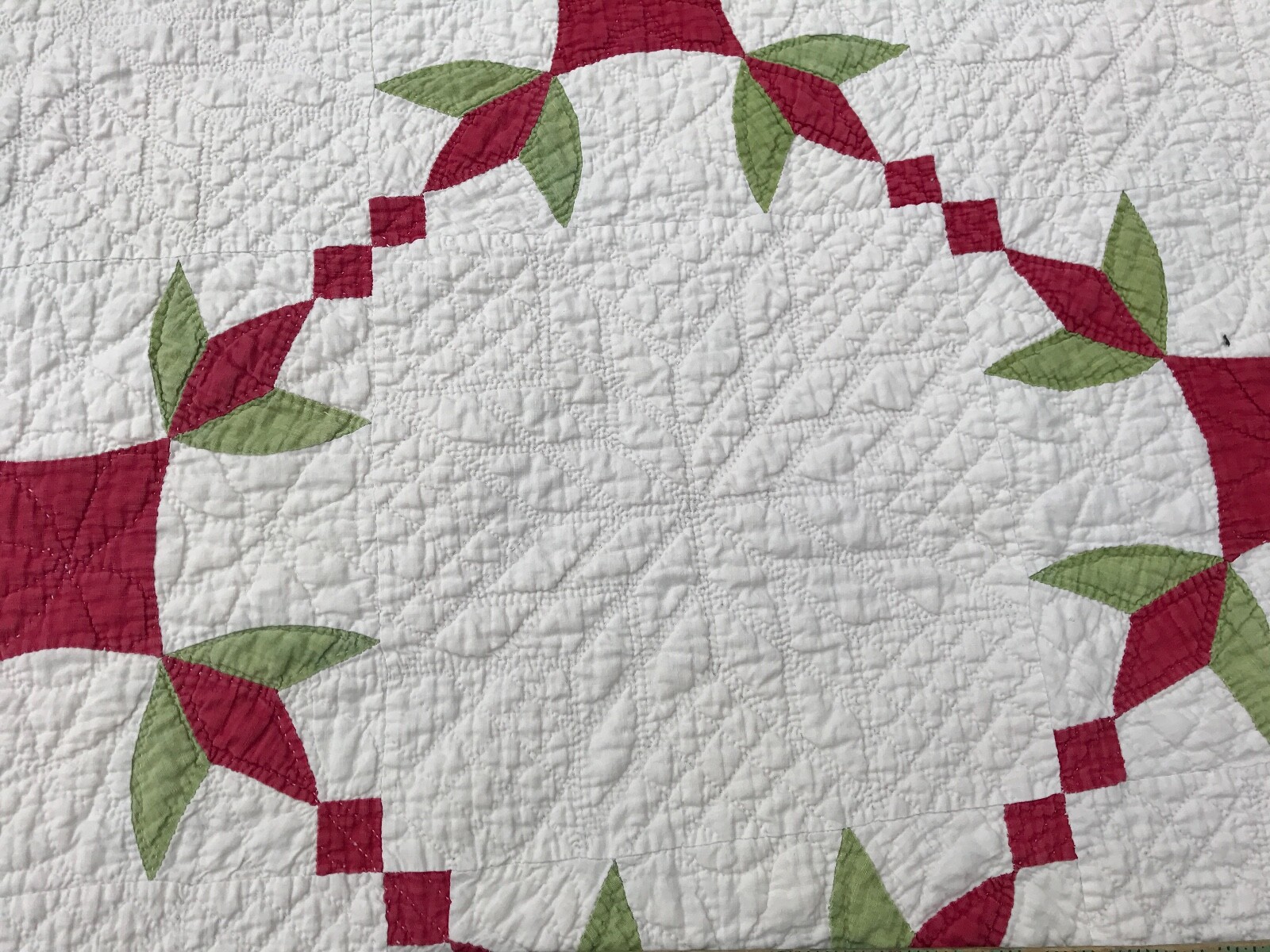 Antique Applique Quilt Red Green and White Rose Vine Leaf