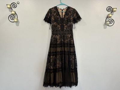 Tadashi Shoji Beatrice Black Nude Lace Tea Length Dress Size 2 NWOT