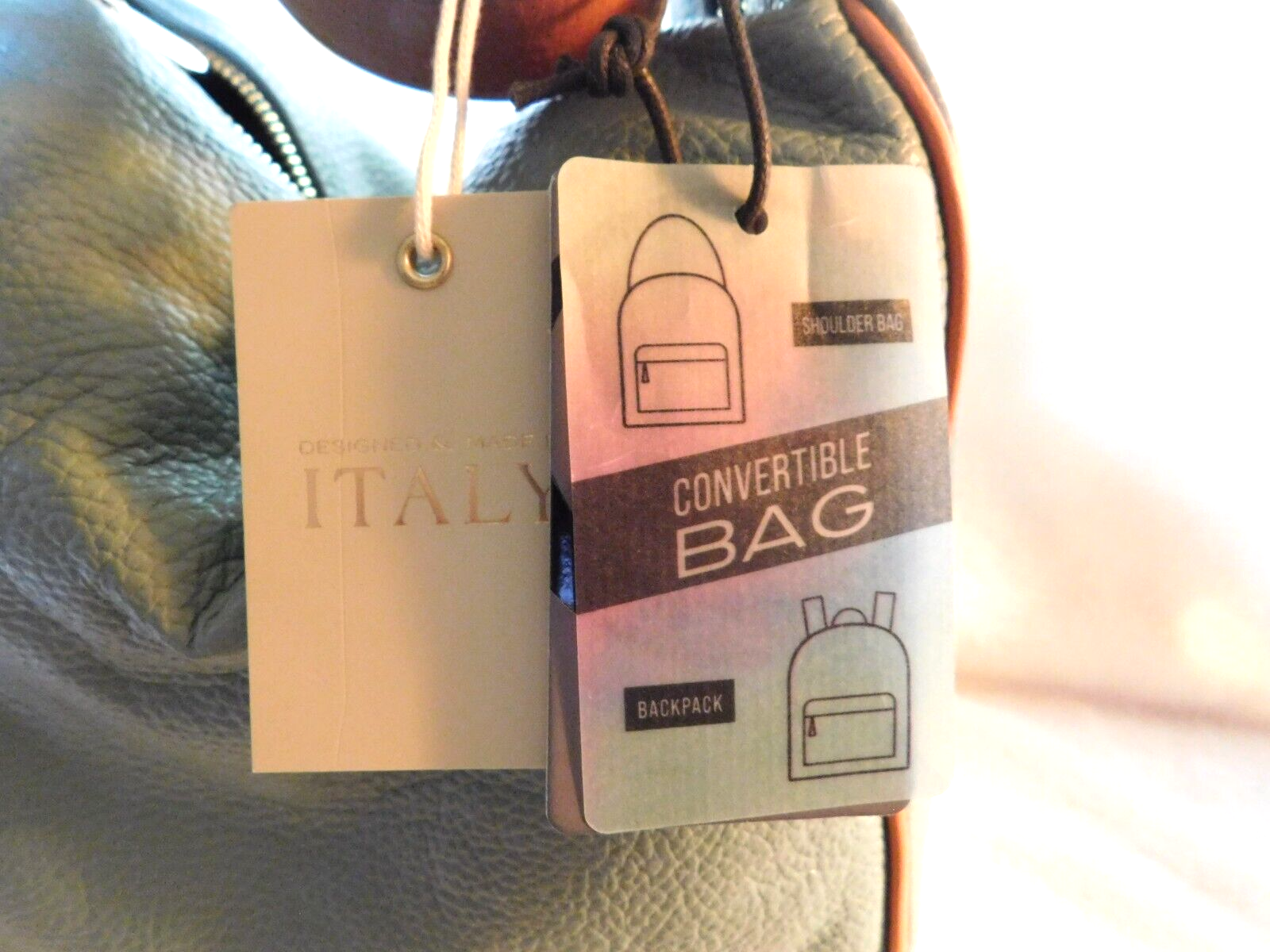 Valentina Italian Convertible Backpack Shoulder Bag Jade Green Cognac Trim NWT