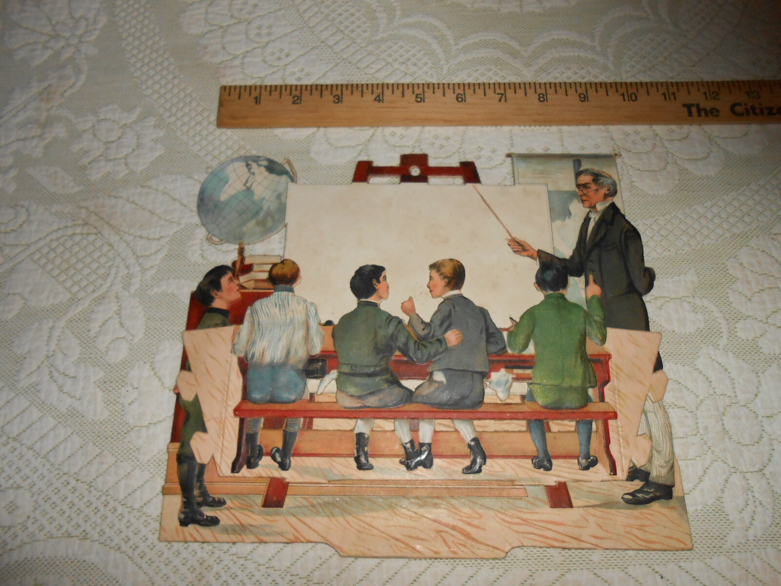 Large Antique Victorian Dimensional Fold Open Die-Cut  School Boys & Teacher NOS