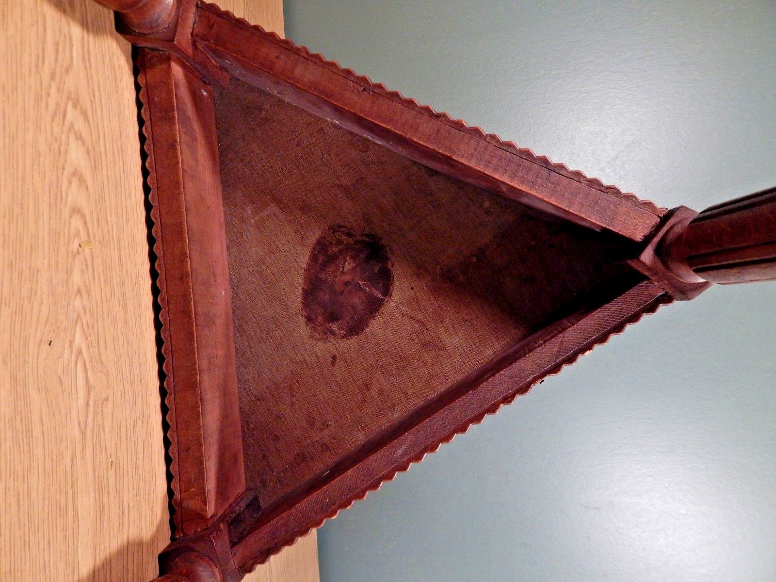 ANTIQUE FRENCH UNUSUAL TRIANGULAR CARVED FOOTSTOOL WITH OLD NEEDLEPOINT COVER