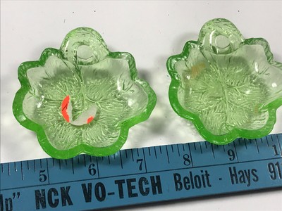 Pair (x2) Green Leaf Leaves Depression Vaseline Glass ashtray salt dish bowl