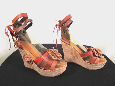 Cklass Mexico Boho Multicolor Leather Flower Ankle Strap Wedge Heel Sandals Sz 9