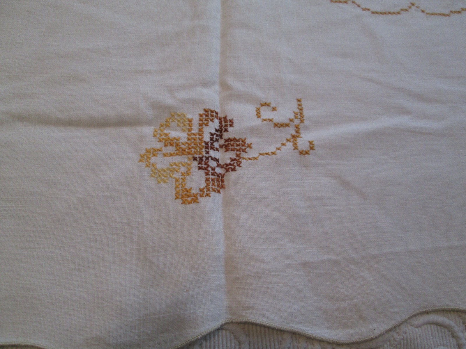 Vintage Cloth TableCloth  Linen Hand Cross Stitch Floral Gold Brown Tan Wheat