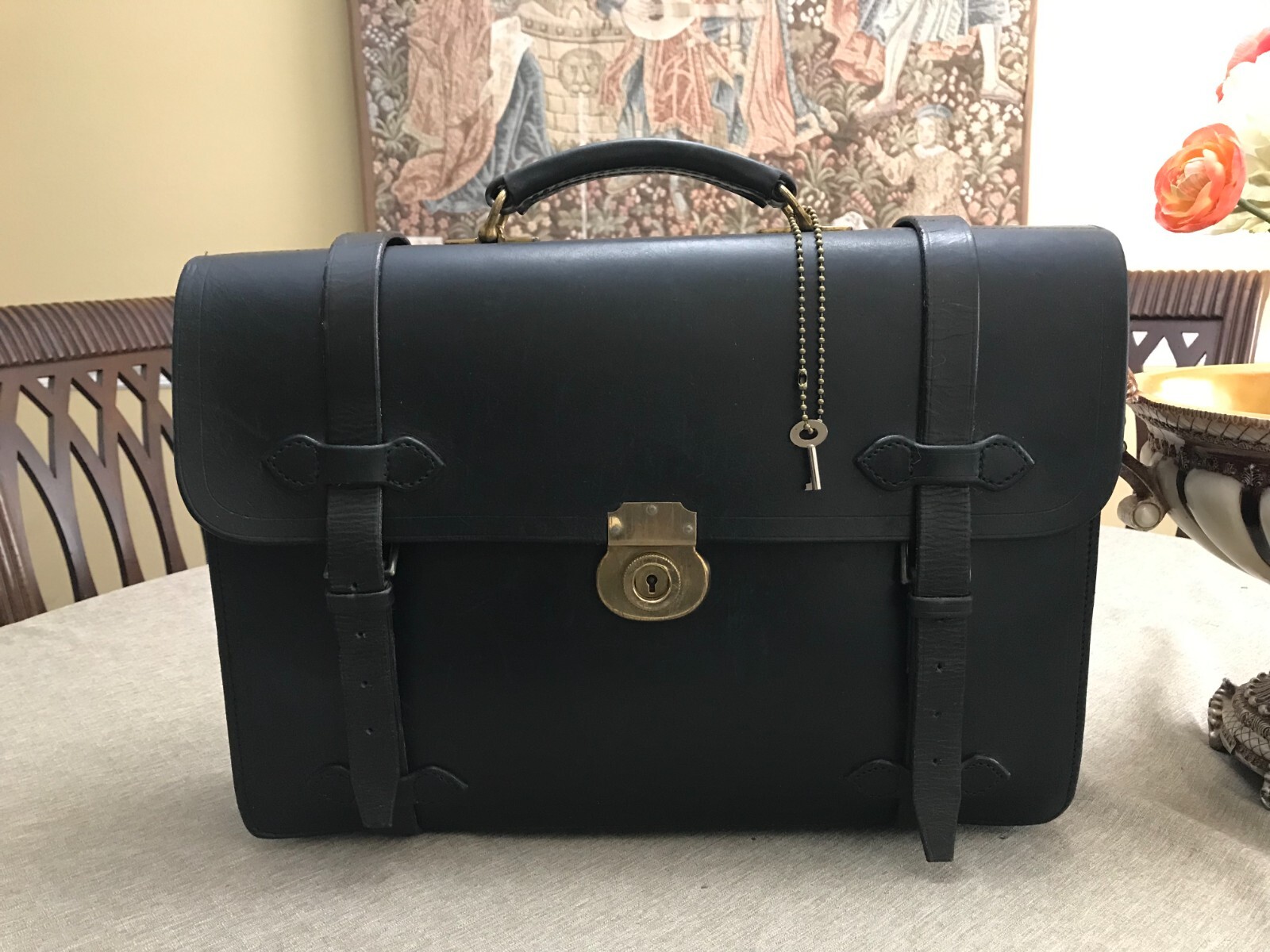 J & M DAVIDSON Vintage Thick Black Bridle Leather Briefcase
