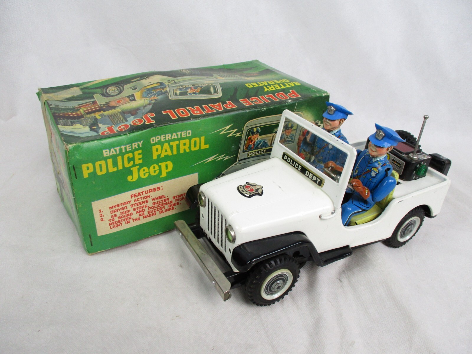 NOMURA TOY Police Patrol Jeep Tin Toy Battery-Powered Car NOMURA TOY Police Patrol Jeep Tin Toy Battery-Powered Car