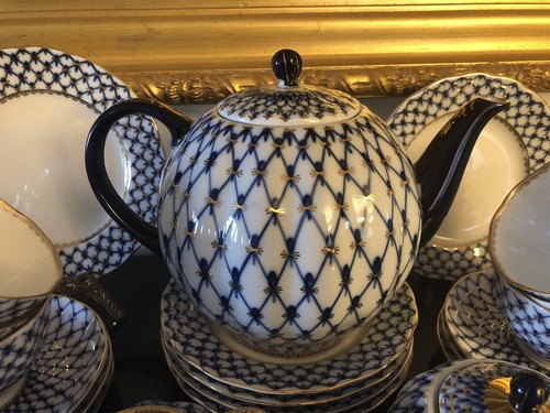 New Russian Imperial Lomonosov Porcelain Tea Set 6/21 Cobalt Net