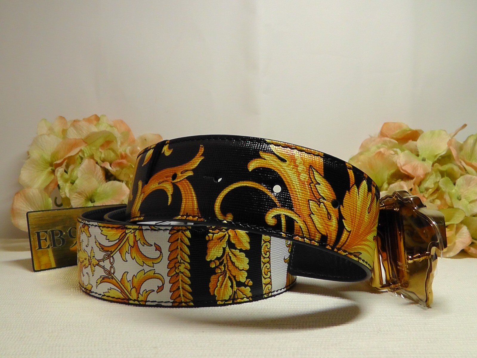 Pre-owned Versace Gold/black Heritage Medusa Buckle Reversible Leather Belt Sz 110 Or 43''