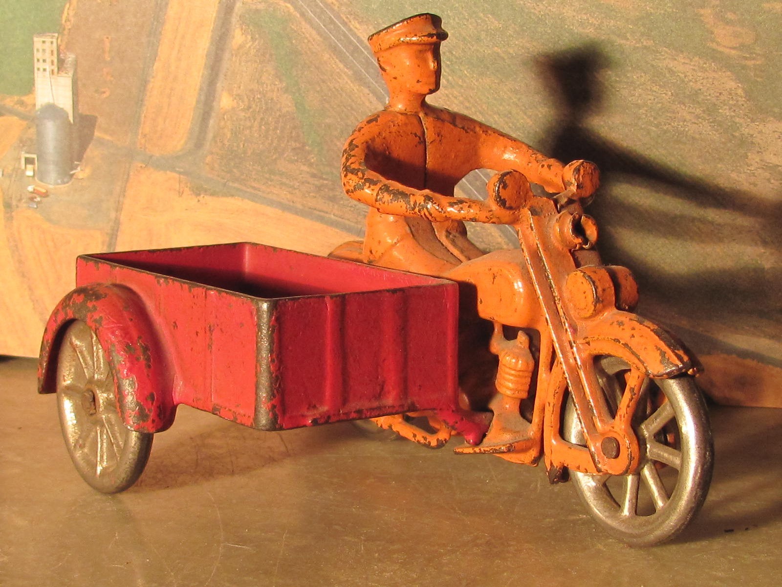 Rarest  Kilgore 1927 orange - red  Cast Iron Clicker Motorcycle * Cargo Side Car