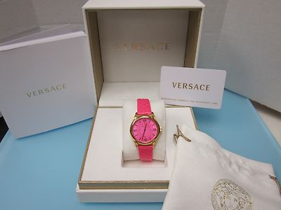 Pre-owned Versace Women's Vff070013 Dafne Rose Gold Ion Plated Fuchsia Leather Wristwatch In Pale Violet Red
