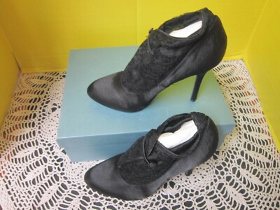 Lauren Jones Melinda Women's Black Satin Almond Toe Stiletto Booties 8.5M NEW