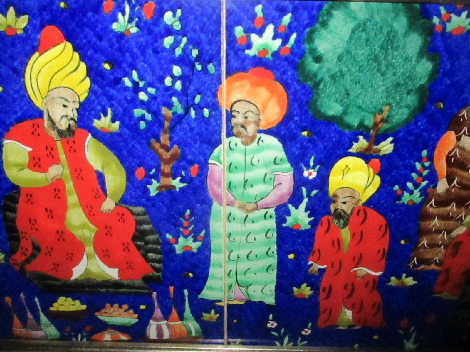 Vintage Qajar Tile Painting Iran Persian Diptych Court Scene Enameled Framed