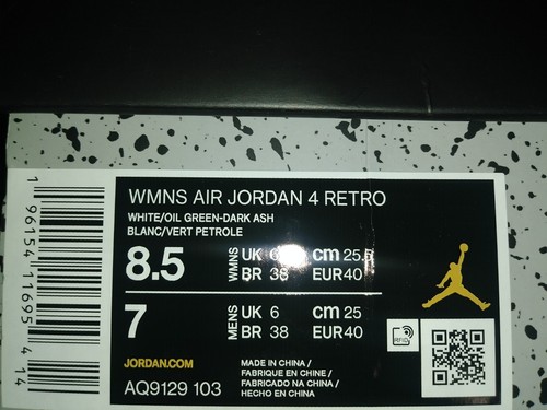Pre-owned Jordan Wmns Air  4 Retro 'seafoam' White/oil Green-dark Ash Aq9129-103 Size 8.5