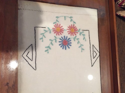 Vintage Wood Serving Tray W/ Glass Covered Embroidery Design-19”x 12.5”