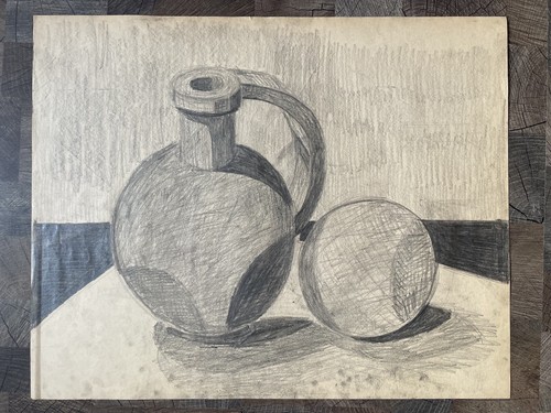 Giovannetti Still Life 鉛筆画 約30x40cm Vintage Pencil Drawing Still Life Geometric Jug Can Ball